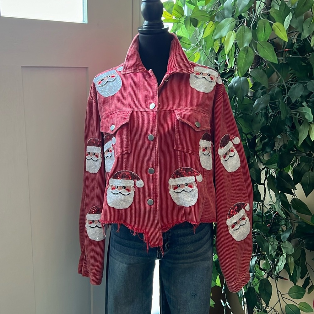 Showcase your Holiday Spirit in Style! Sequined Santa Corduroy Jacket!